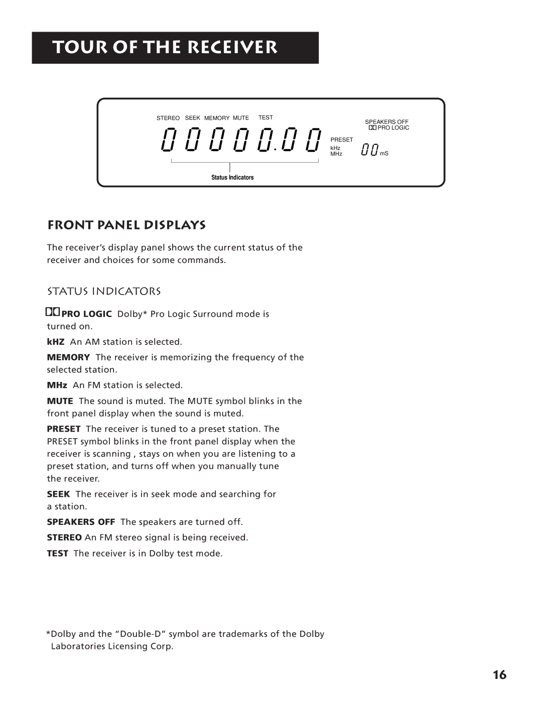 RCA RV3693 manual Front Panel Displays, Status Indicators 