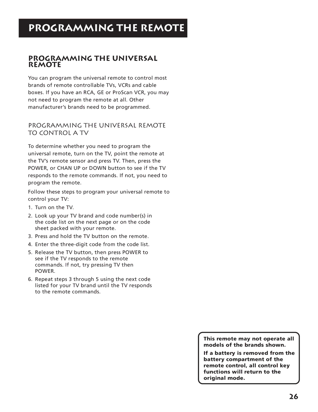 RCA RV3693 manual Programming the Universal Remote To Control a TV 