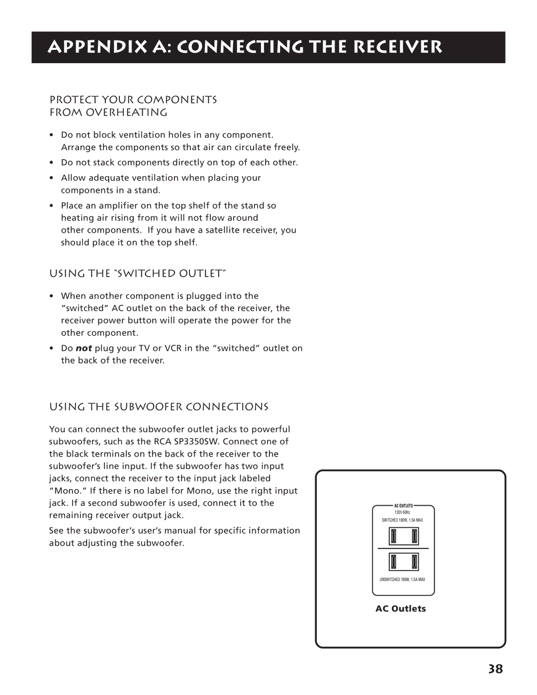 RCA RV3693 manual Protect Your Components From Overheating, Using the Switched Outlet, Using the Subwoofer Connections 