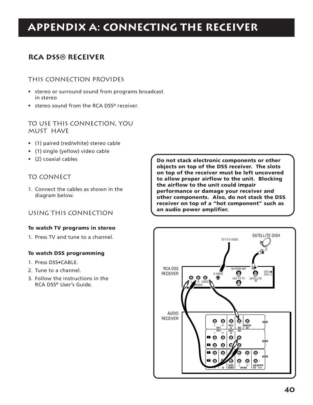 RCA RV3693 manual RCA DSS Receiver, To USE this CONNECTION, YOU Must have, To watch TV programs in stereo 