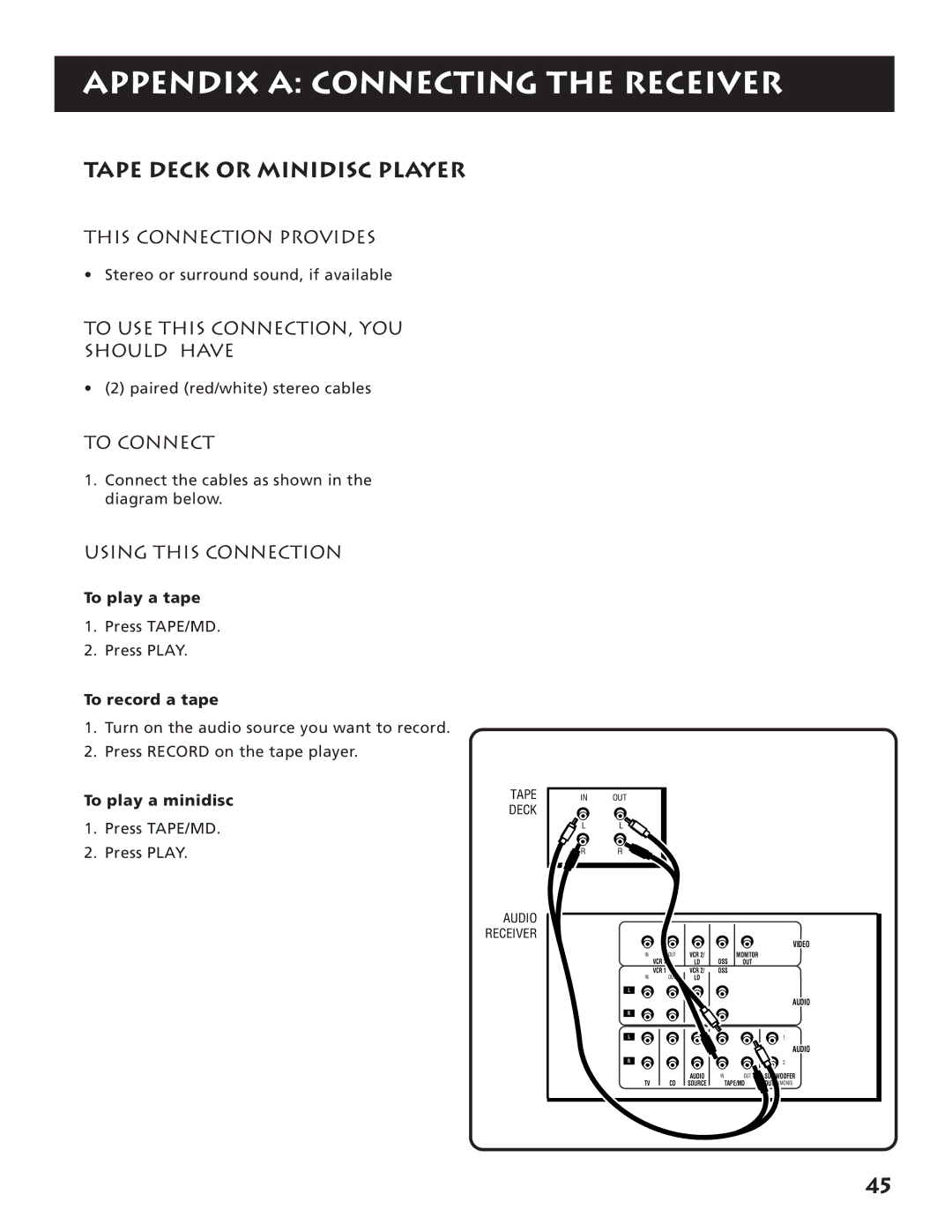 RCA RV3693 manual Tape Deck or Minidisc Player, To play a tape, To record a tape, To play a minidisc 