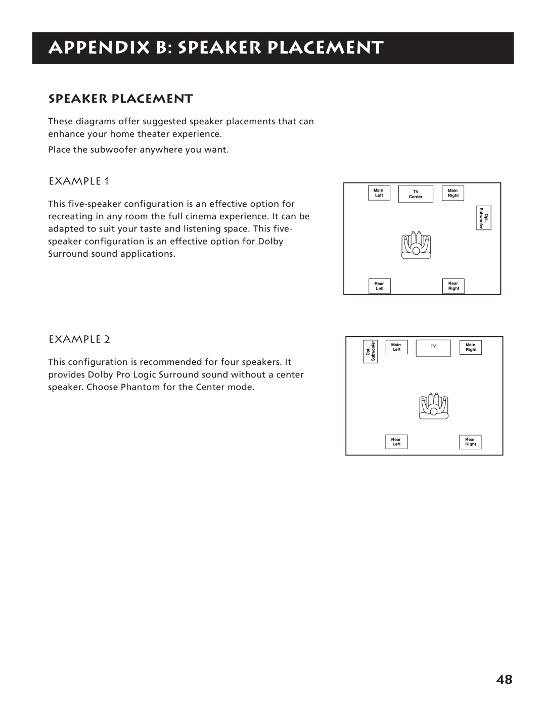 RCA RV3693 manual Appendix B Speaker Placement, Example 