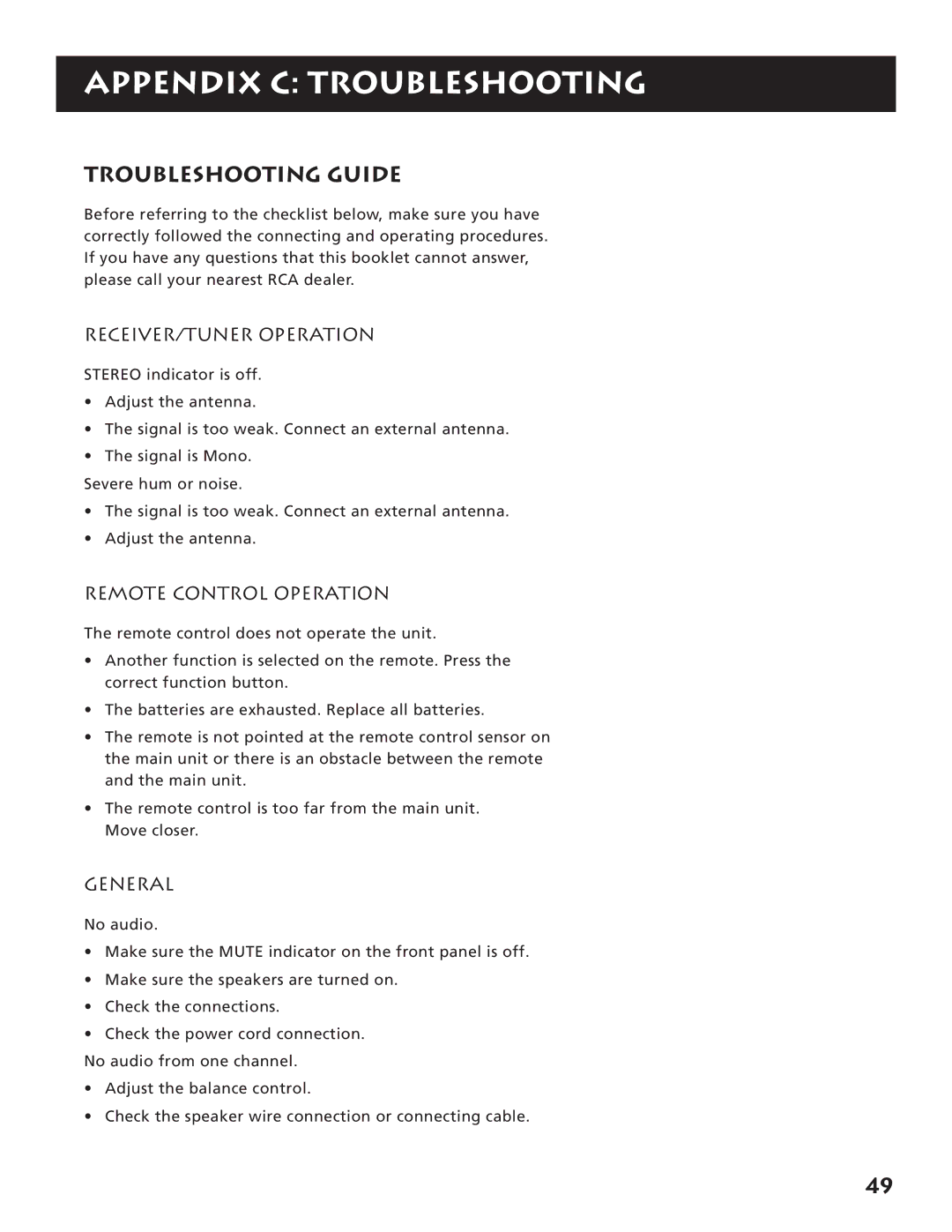 RCA RV3693 Appendix C Troubleshooting, Troubleshooting Guide, RECEIVER/TUNER Operation, Remote Control Operation, General 