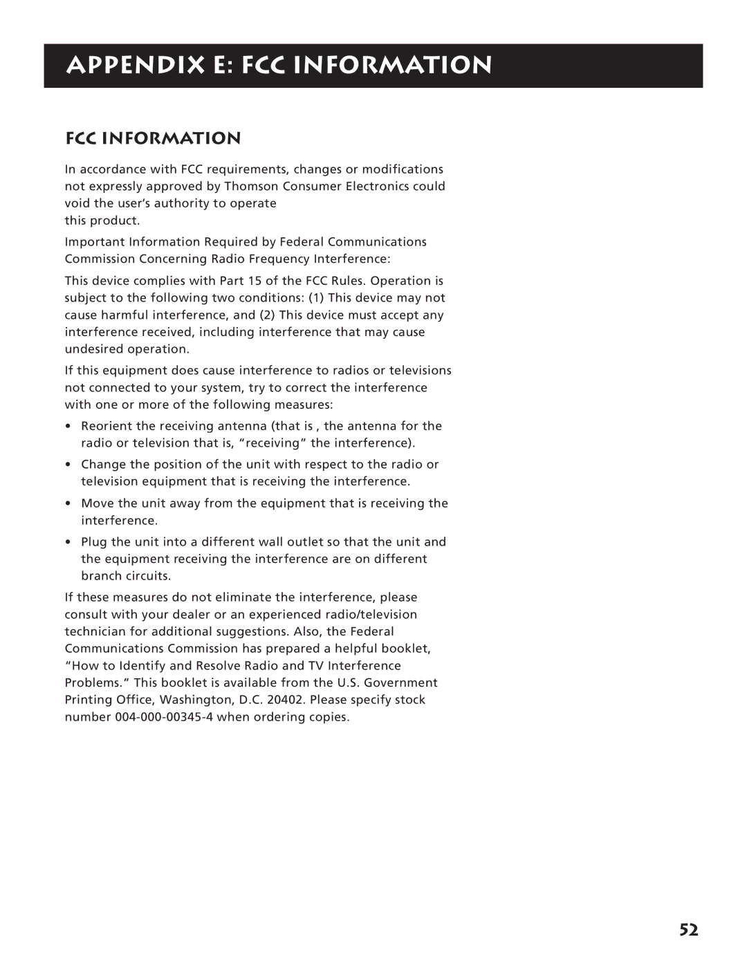 RCA RV3693 manual Appendix E FCC Information 