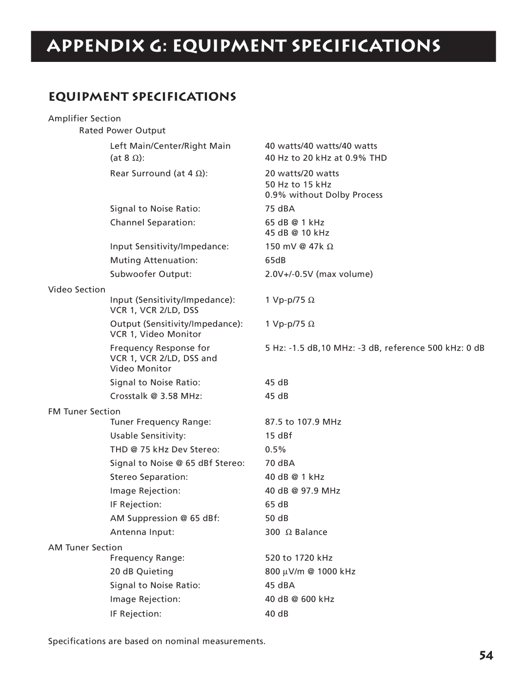 RCA RV3693 manual Appendix G Equipment Specifications 