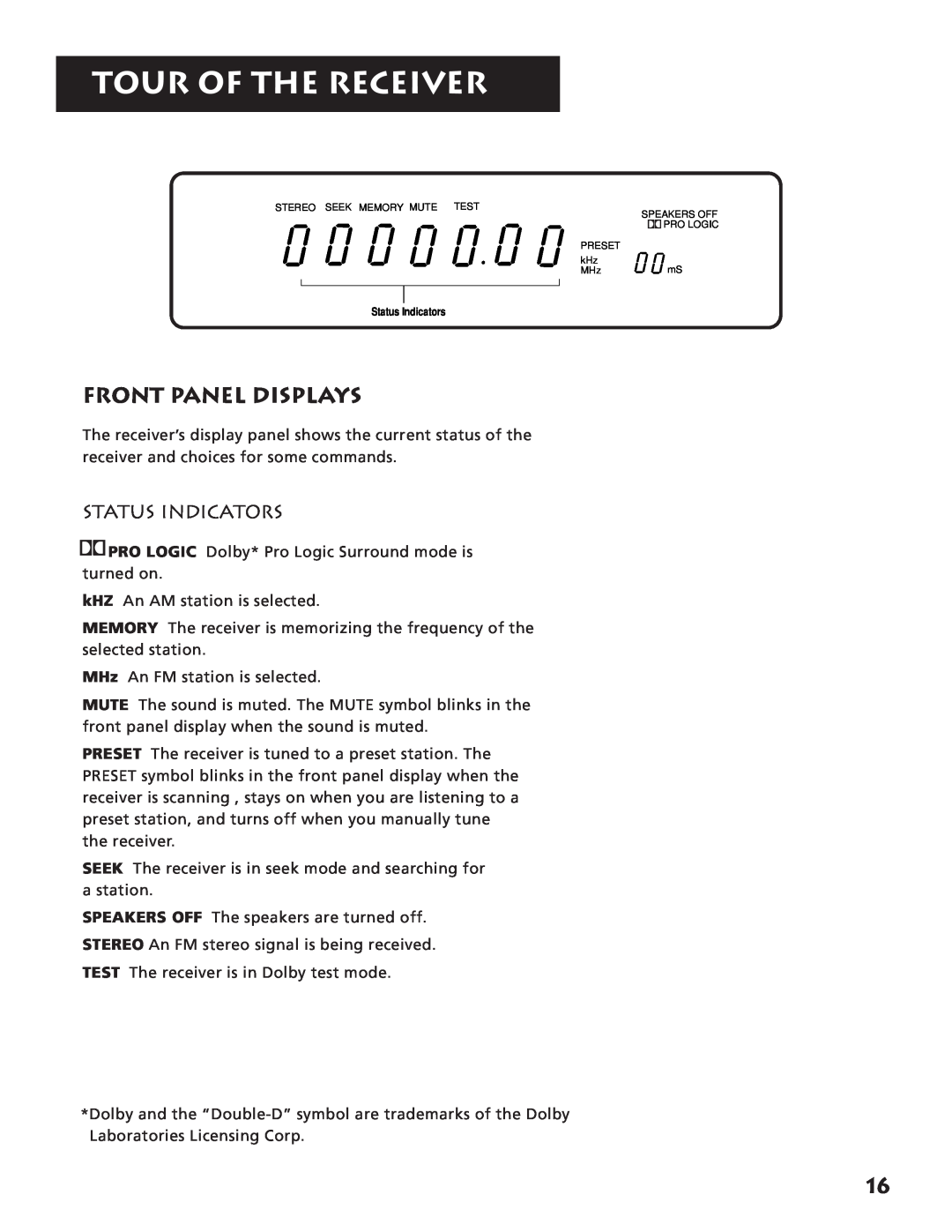 RCA RV3693 manual Front Panel Displays, Tour Of The Receiver, Status Indicators 