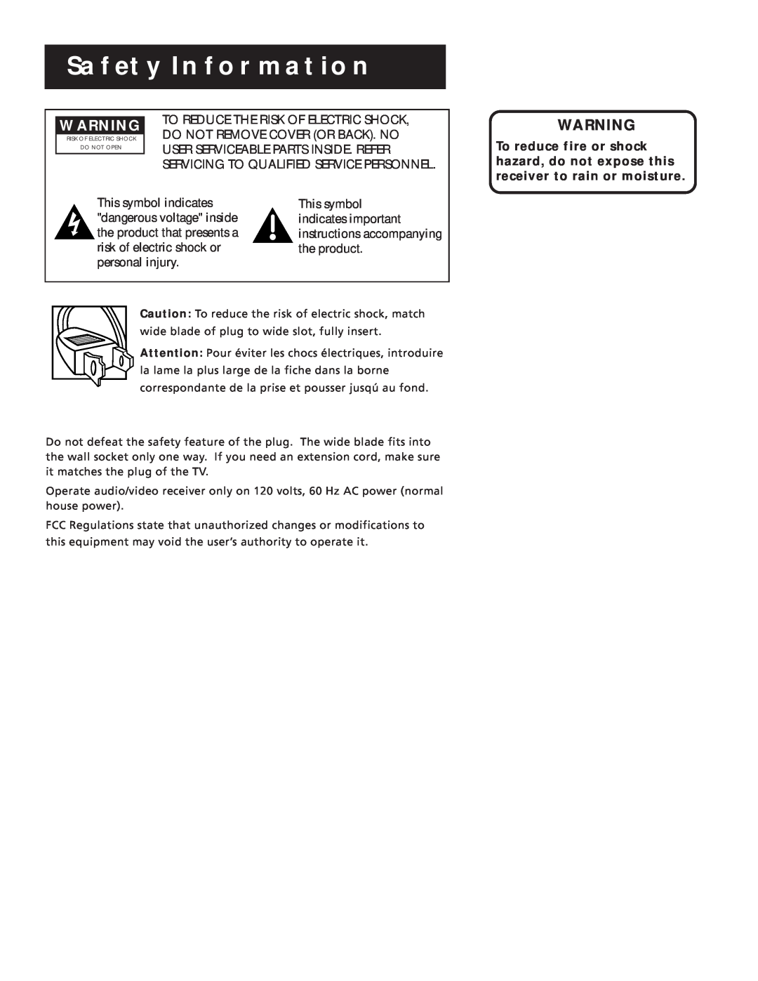 RCA RV3693 manual Safety Information, Risk Of Electric Shock Do Not Open 