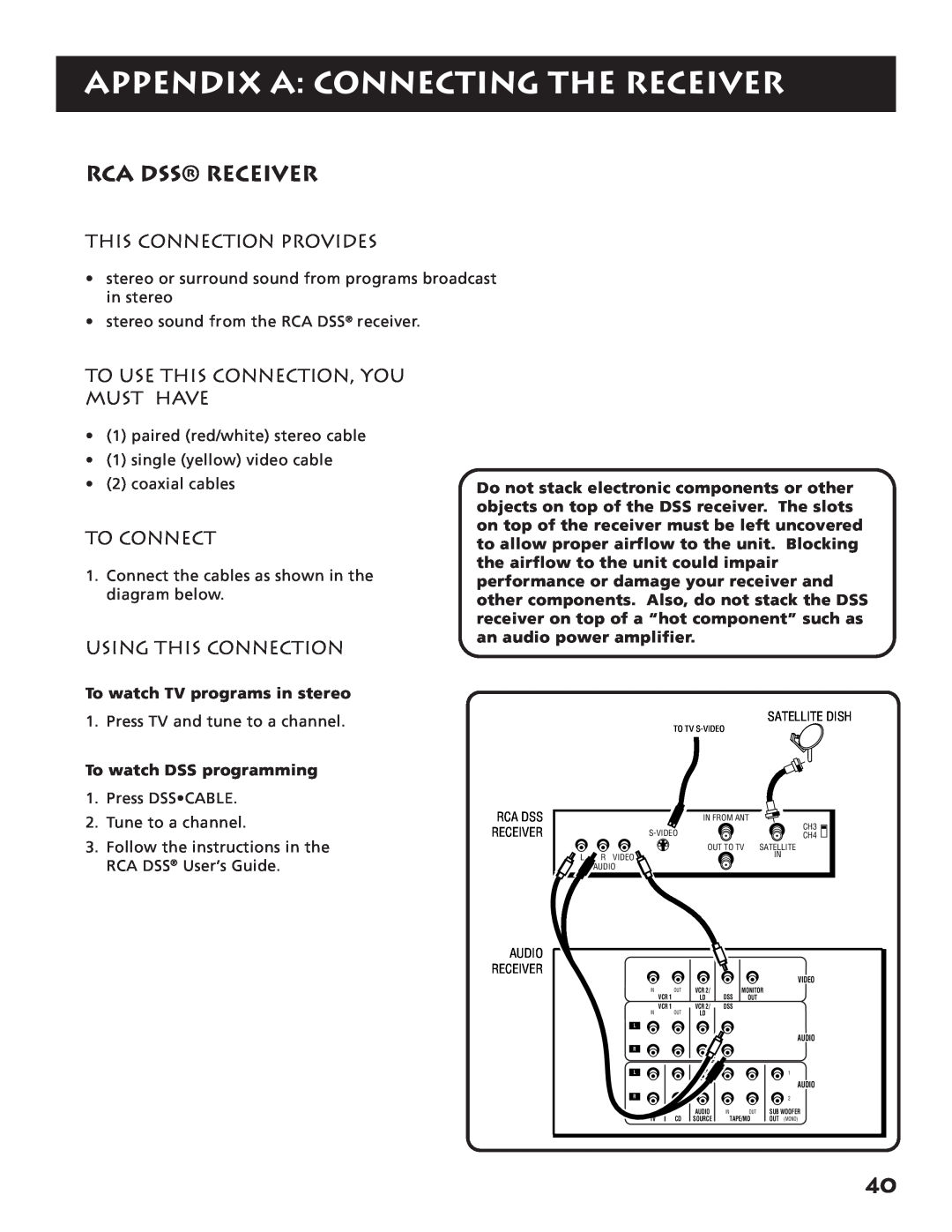 RCA RV3693 manual Rca Dss Receiver, Appendix A Connecting The Receiver, This Connection Provides, To Connect 