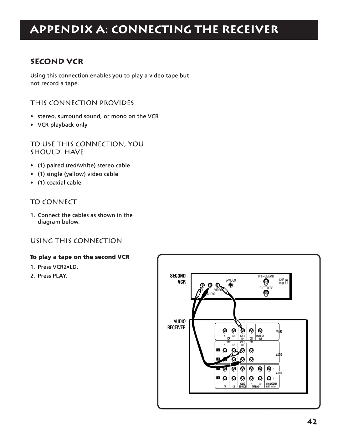 RCA RV3693 manual Second Vcr, Appendix A Connecting The Receiver, To play a tape on the second VCR 