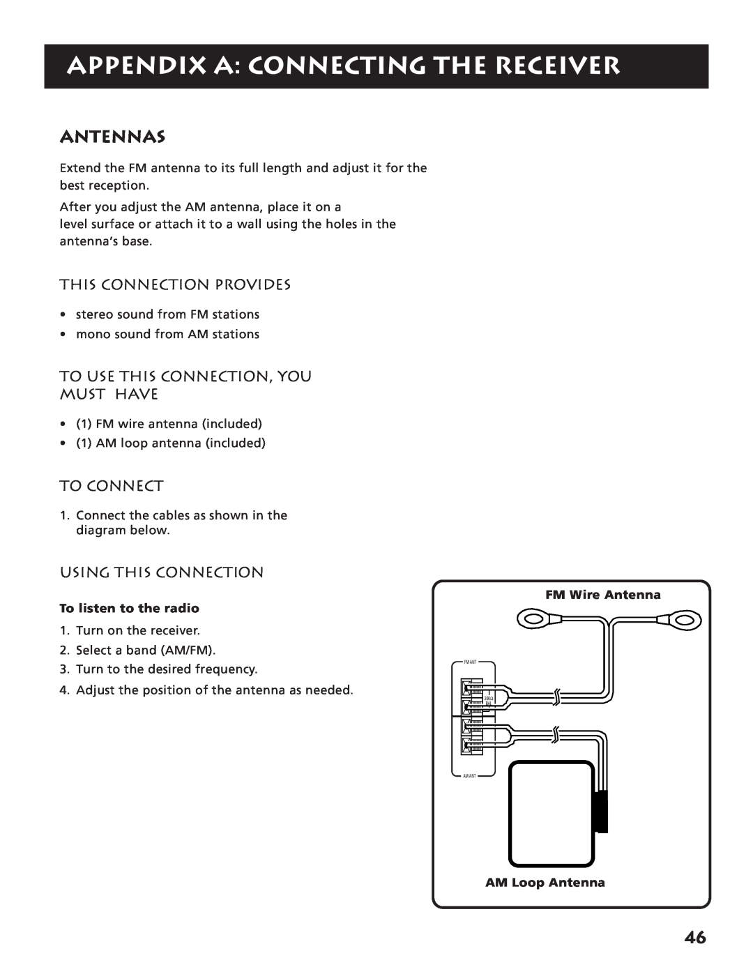 RCA RV3693 manual Antennas, Appendix A Connecting The Receiver, To listen to the radio, FM Wire Antenna, AM Loop Antenna 