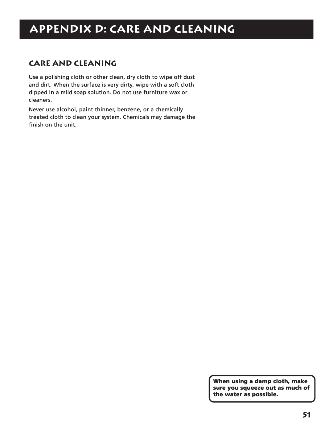 RCA RV3693 manual Appendix D Care And Cleaning 