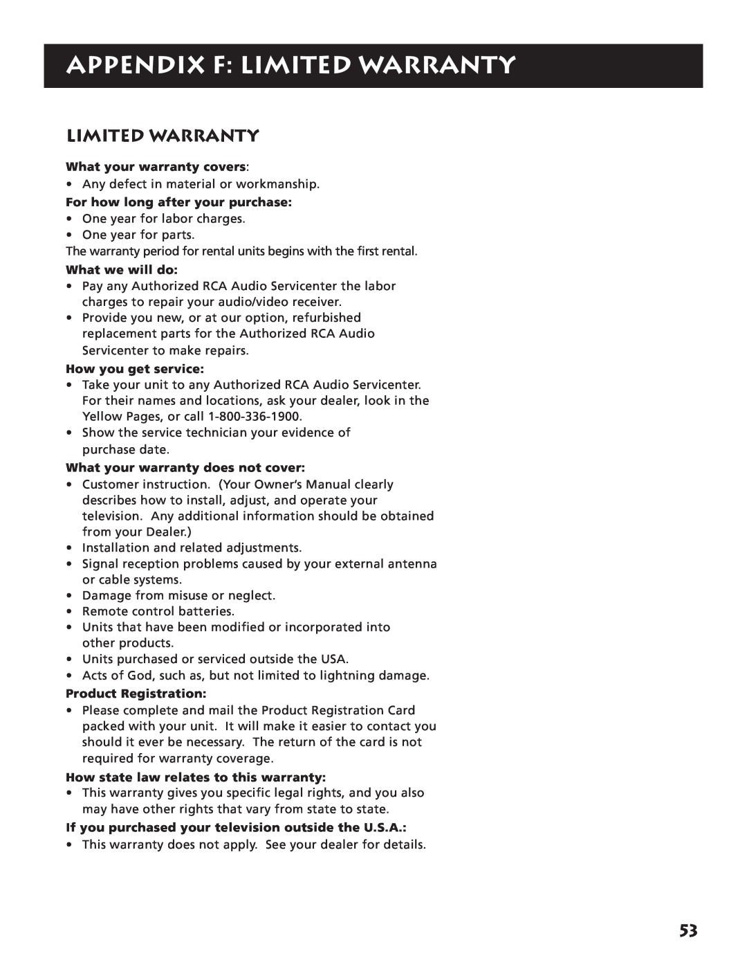 RCA RV3693 manual Appendix F Limited Warranty, What your warranty covers, For how long after your purchase, What we will do 