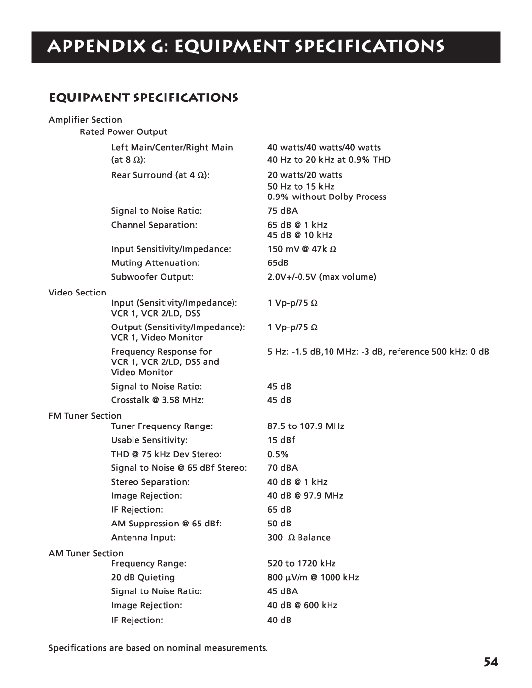 RCA RV3693 manual Appendix G Equipment Specifications 
