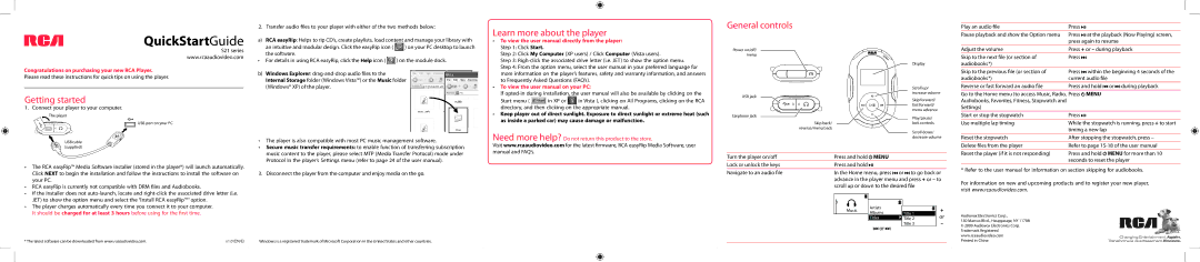 RCA S21 SERIES quick start Learn more about the player, General controls, Getting started 