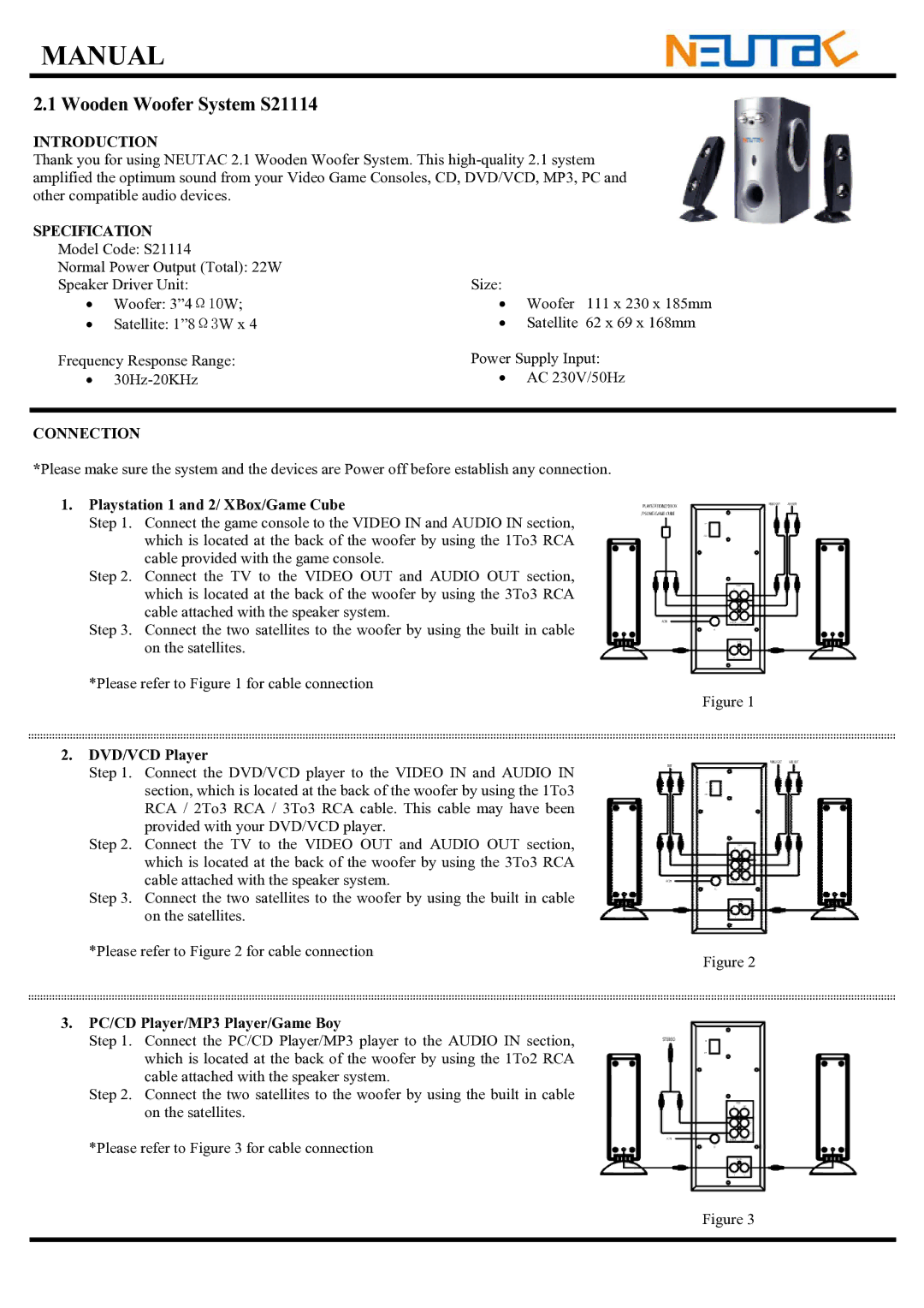 RCA S21114 manual Introduction, Specification, Connection 