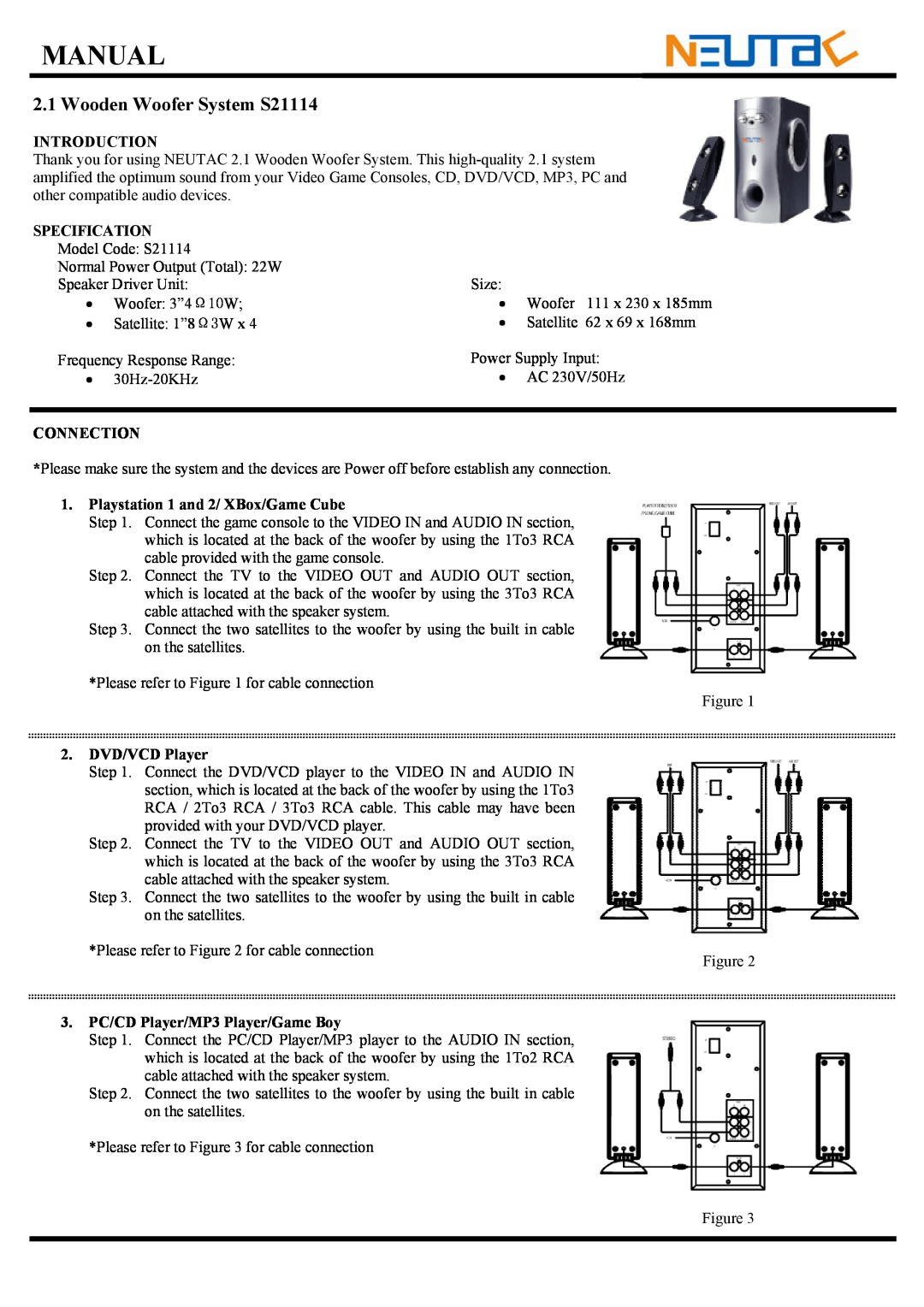 RCA S21114 manual Manual, Introduction, Specification, Connection, Playstation 1 and 2/ XBox/Game Cube, 2.DVD/VCD Player 