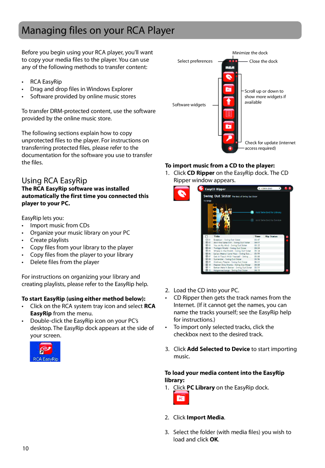 RCA SC2202, S2202, SC2204 Managing files on your RCA Player, Using RCA EasyRip, To import music from a CD to the player 