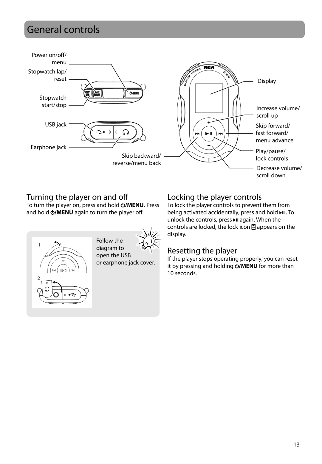 RCA SC2204, S2202, S2204 General controls, Turning the player on and off, Locking the player controls, Resetting the player 