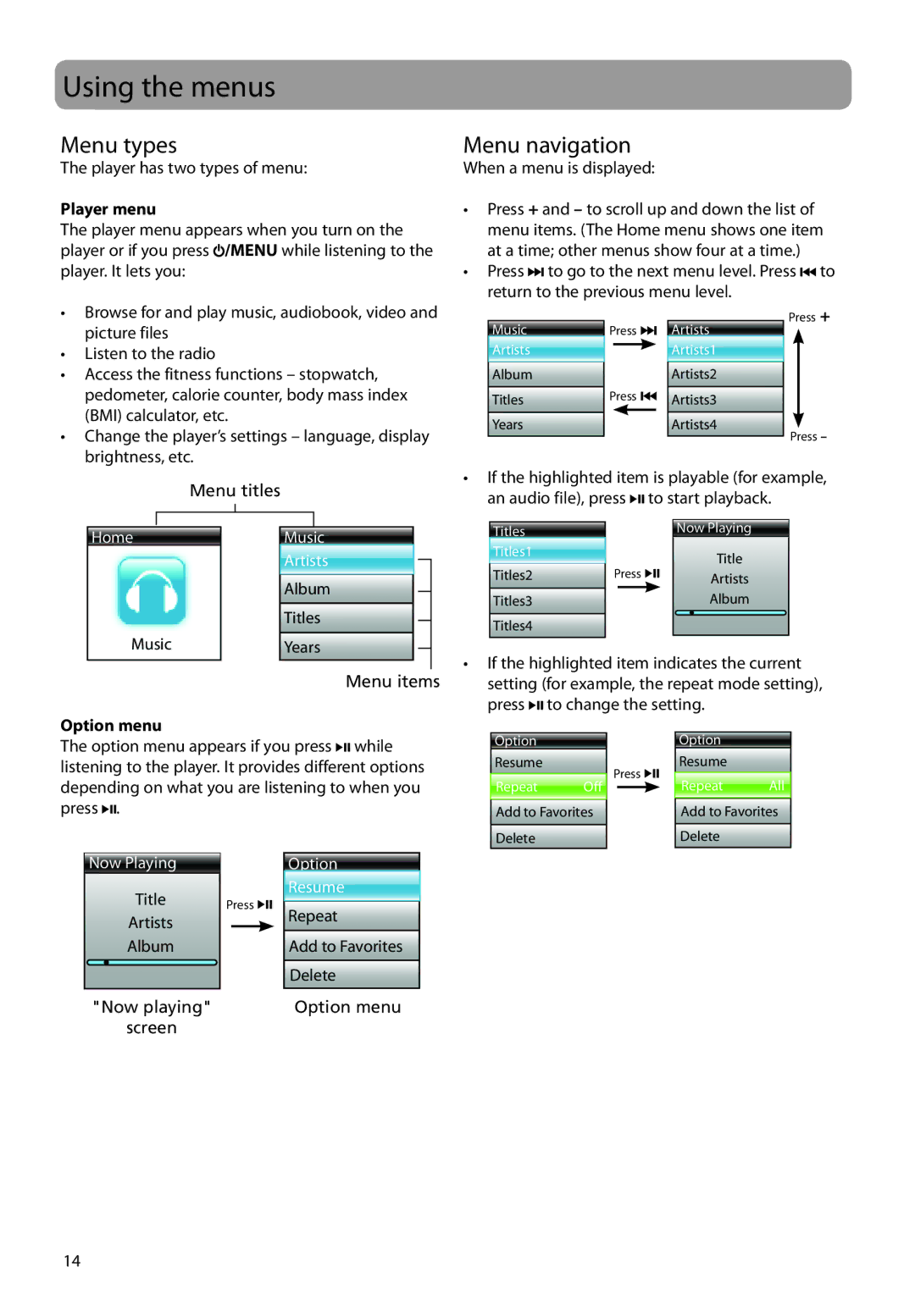 RCA SC2202, S2202, SC2204, S2204 user manual Using the menus, Menu types, Menu navigation, Player menu, Option menu 