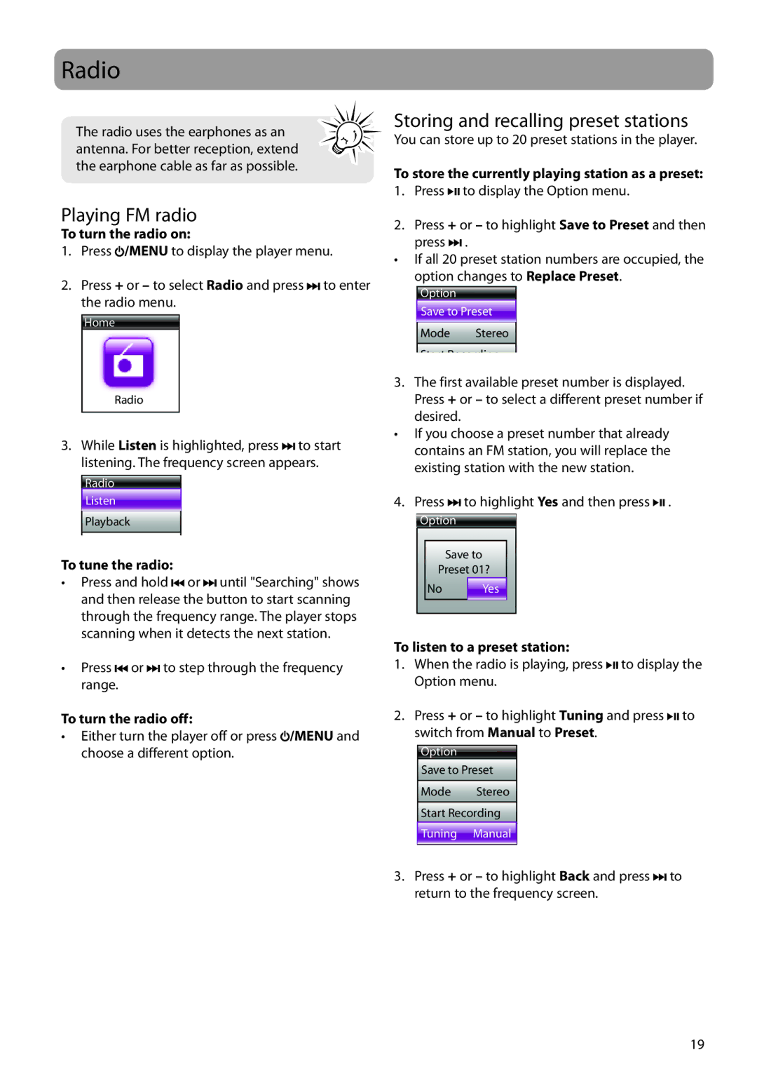 RCA S2204, S2202, SC2204, SC2202 user manual Radio, Playing FM radio, Storing and recalling preset stations 