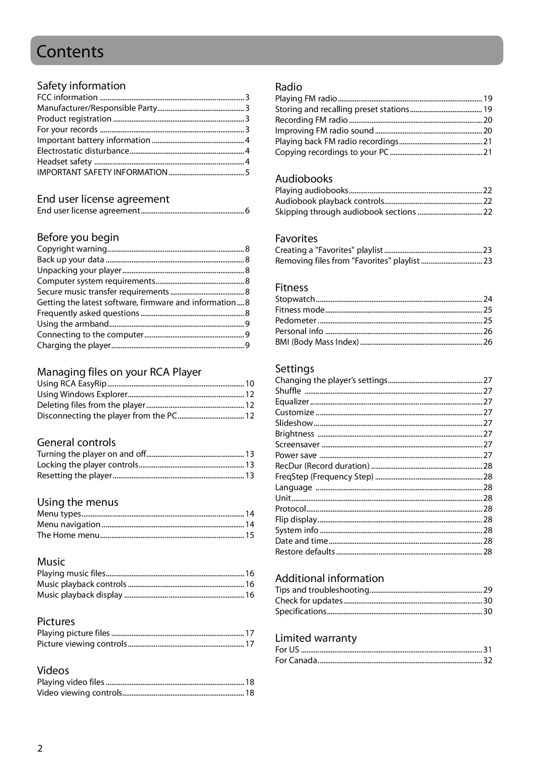 RCA SC2202, S2202, SC2204, S2204 user manual Contents 