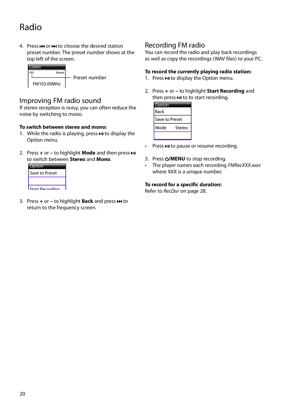 RCA S2202, SC2204, SC2202, S2204 user manual Improving FM radio sound, Recording FM radio, To switch between stereo and mono 