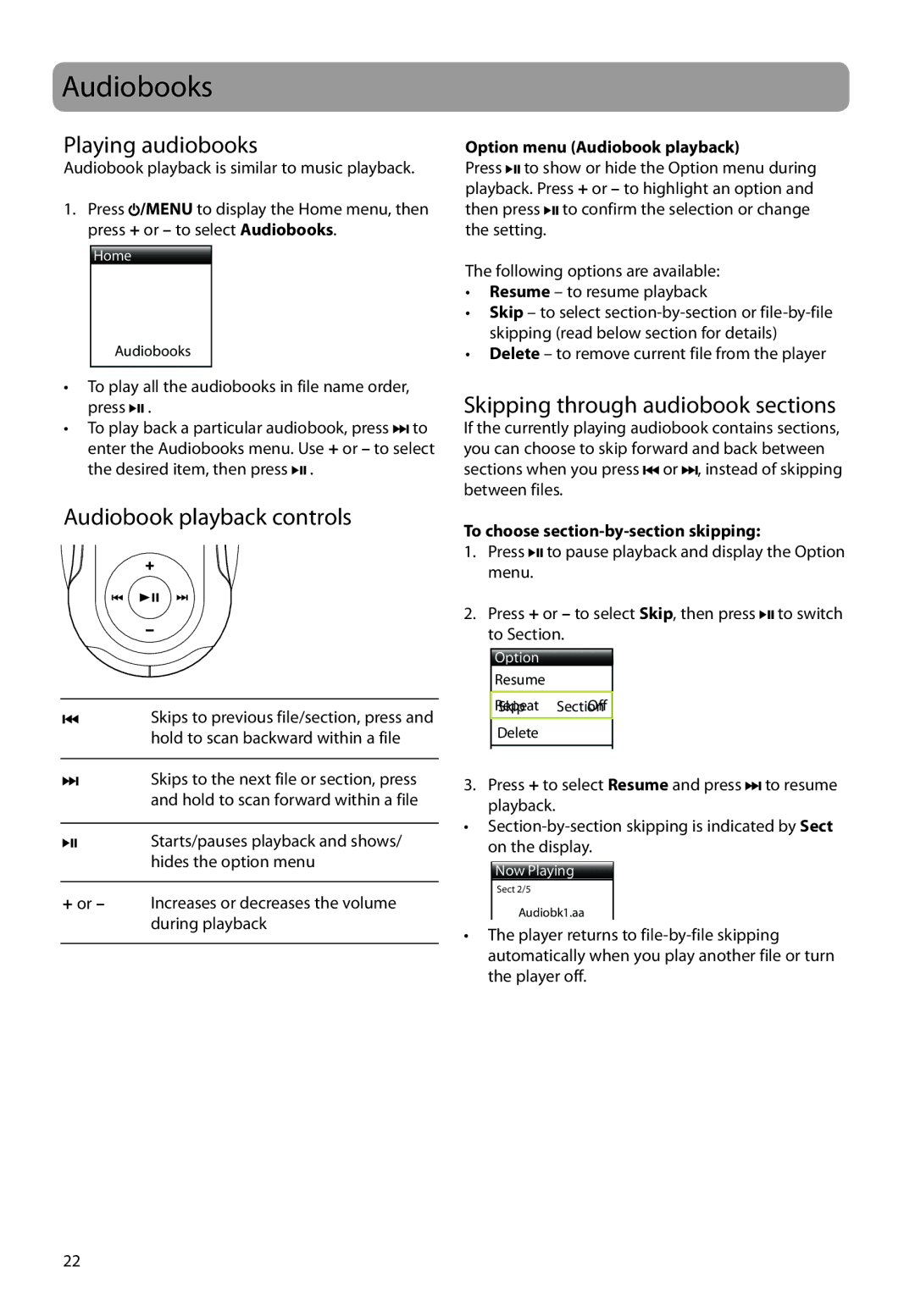 RCA SC2202, S2202, SC2204 Audiobooks, Playing audiobooks, Audiobook playback controls, Skipping through audiobook sections 