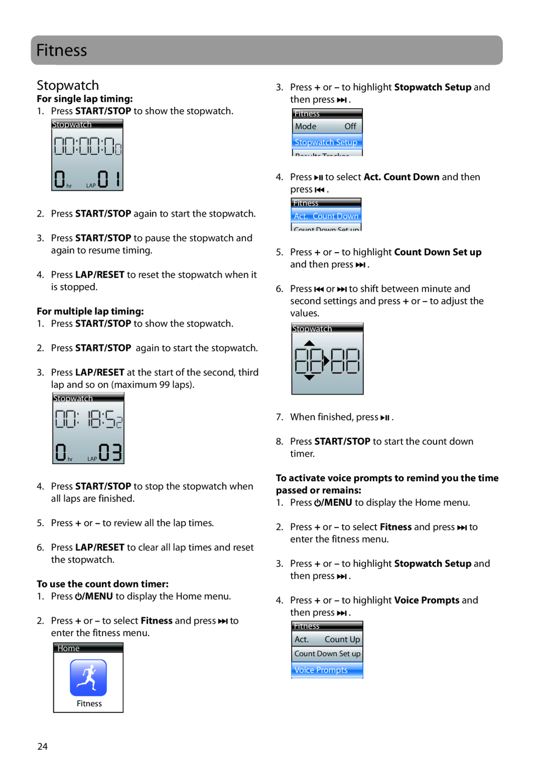 RCA S2202, SC2204, SC2202, S2204 user manual Fitness, Stopwatch 