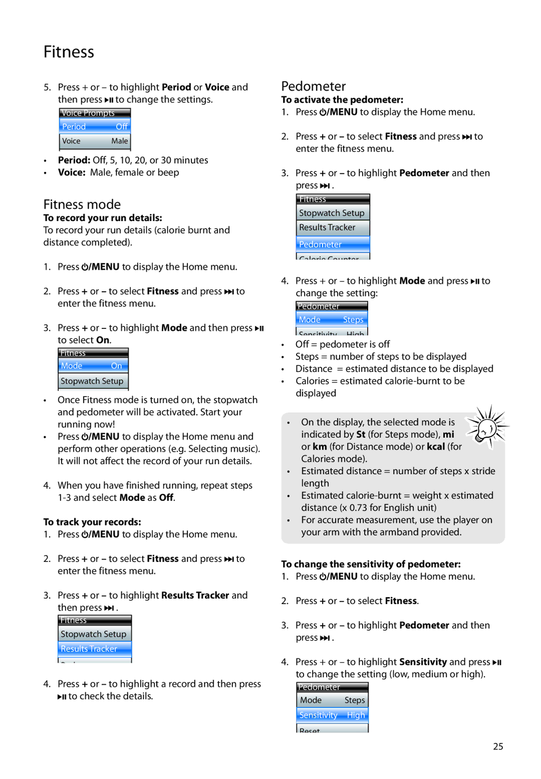 RCA SC2204, S2202, SC2202, S2204 user manual Fitness mode, Pedometer 