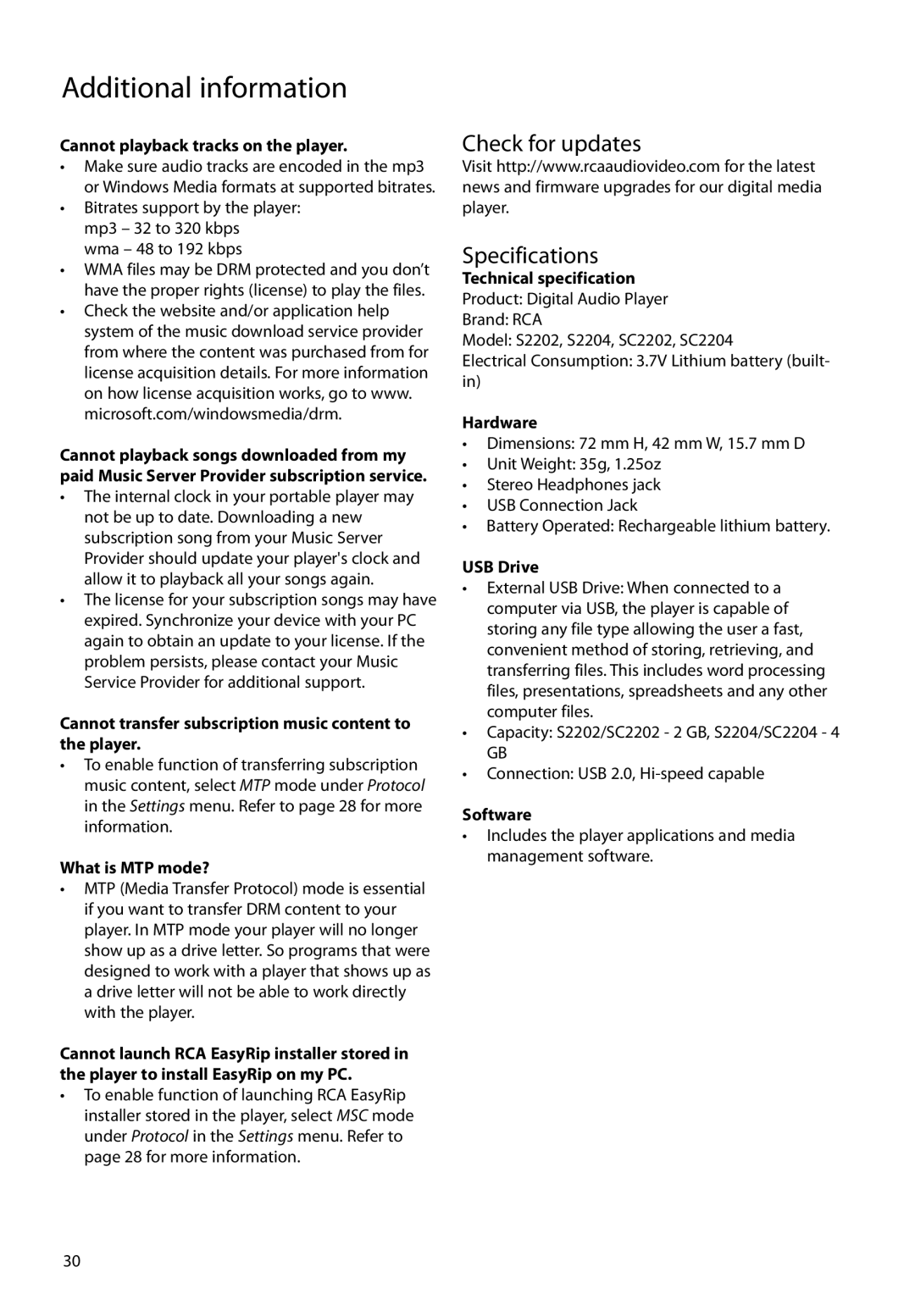 RCA SC2202, S2202, SC2204, S2204 user manual Check for updates Specifications 