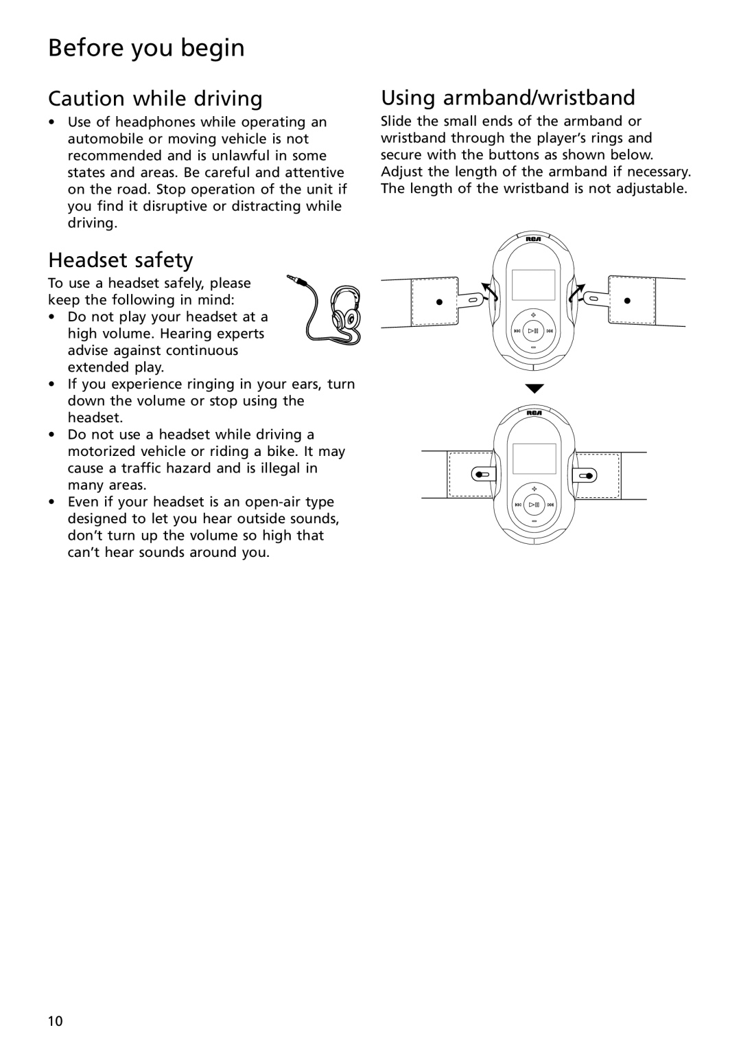 RCA S2502, S2501 user manual Headset safety, Using armband/wristband 