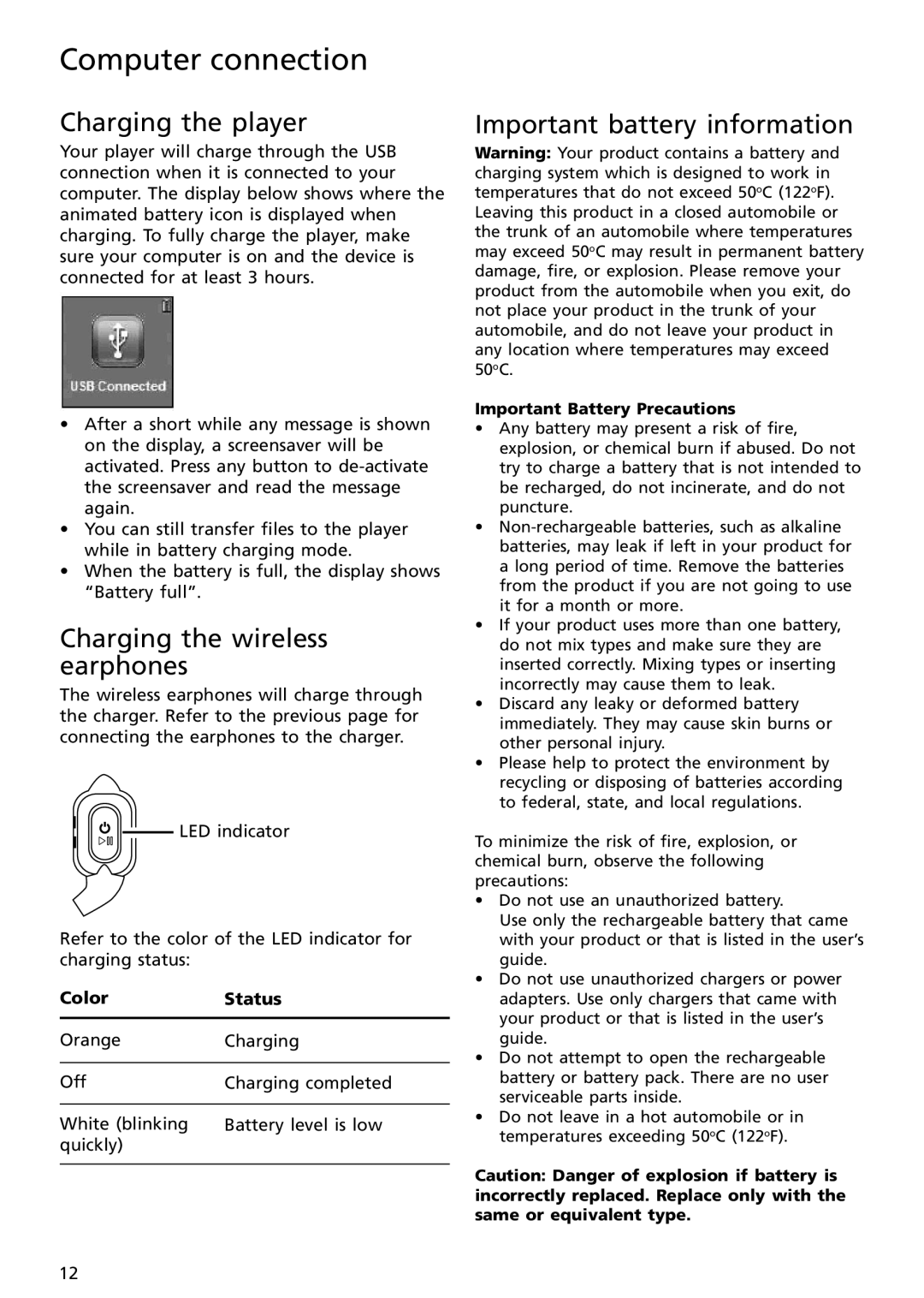 RCA S2502, S2501 Charging the player, Charging the wireless earphones, Important battery information, Color Status 