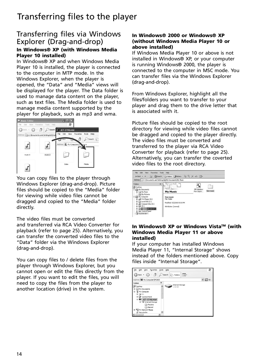 RCA S2502, S2501 Transferring files via Windows Explorer Drag-and-drop, Windows XP with Windows Media Player 10 installed 