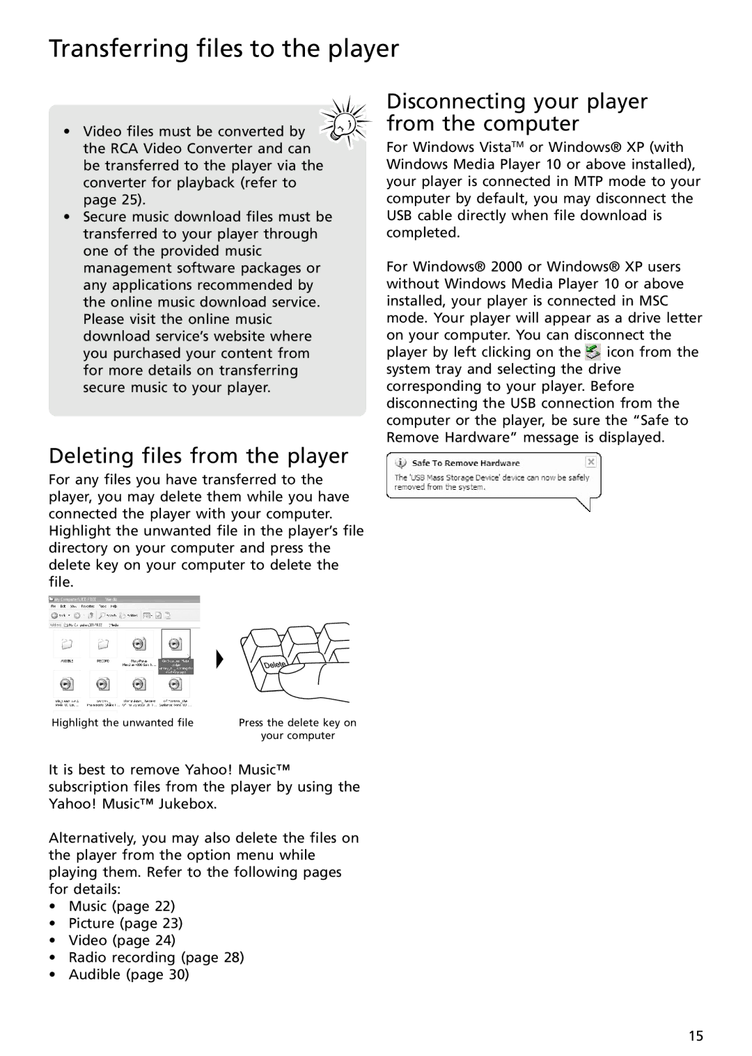 RCA S2501, S2502 user manual Disconnecting your player from the computer, Deleting files from the player 