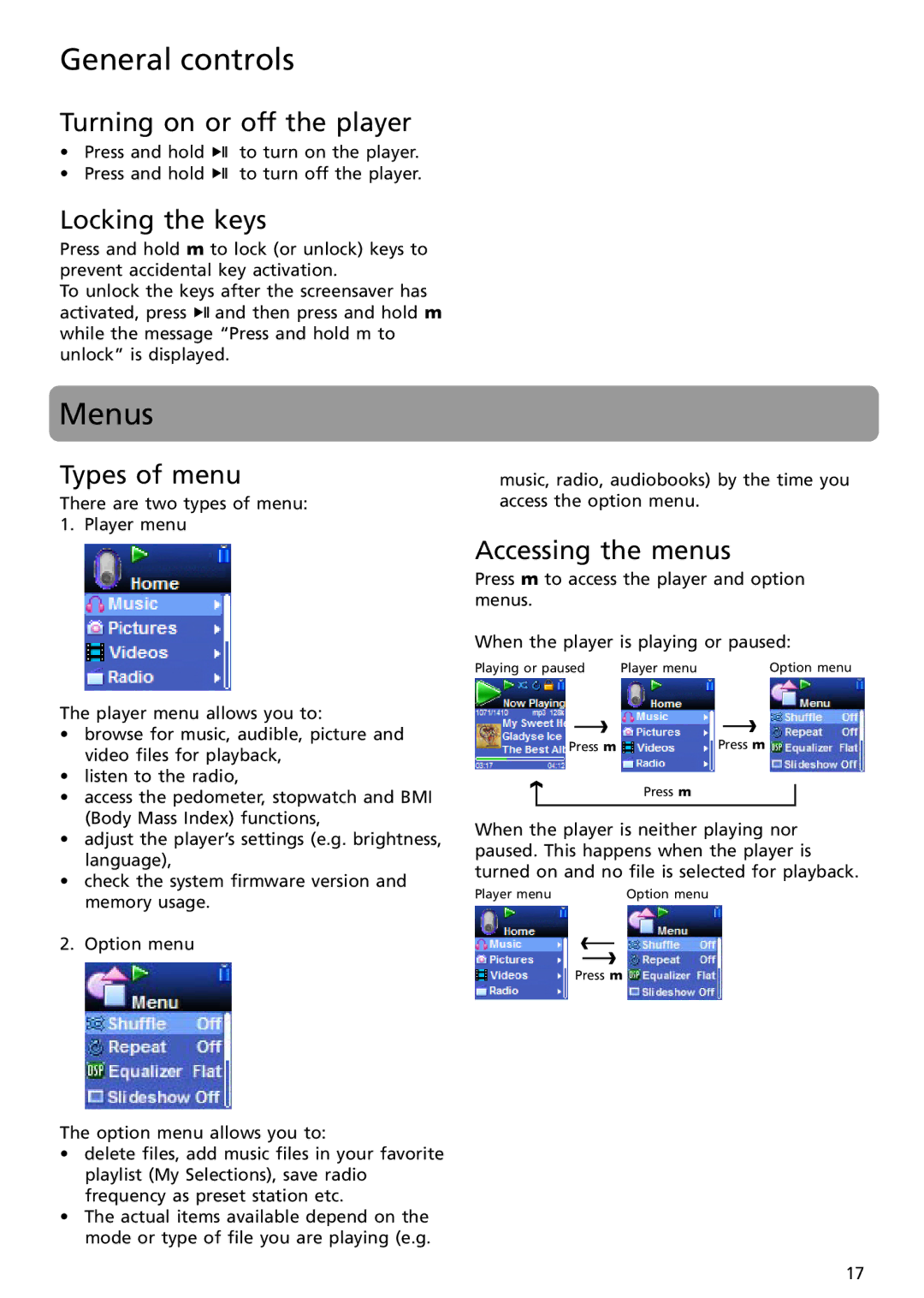 RCA S2501, S2502 user manual Menus, Turning on or off the player, Locking the keys, Types of menu, Accessing the menus 