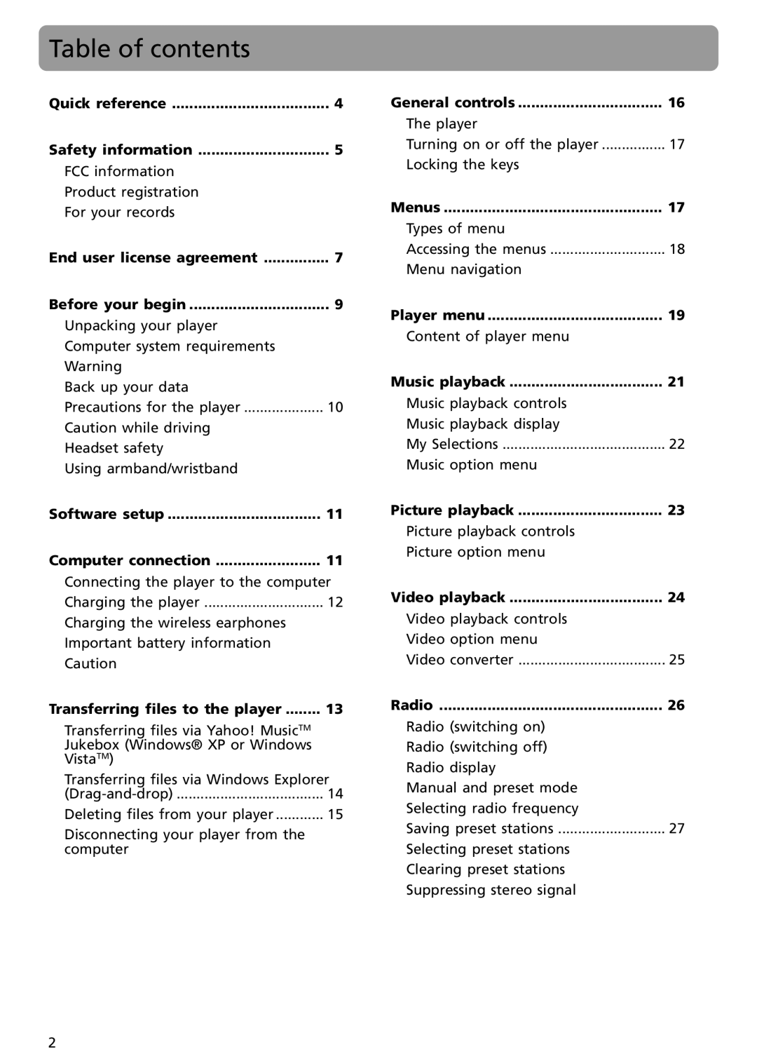 RCA S2502, S2501 user manual Table of contents 