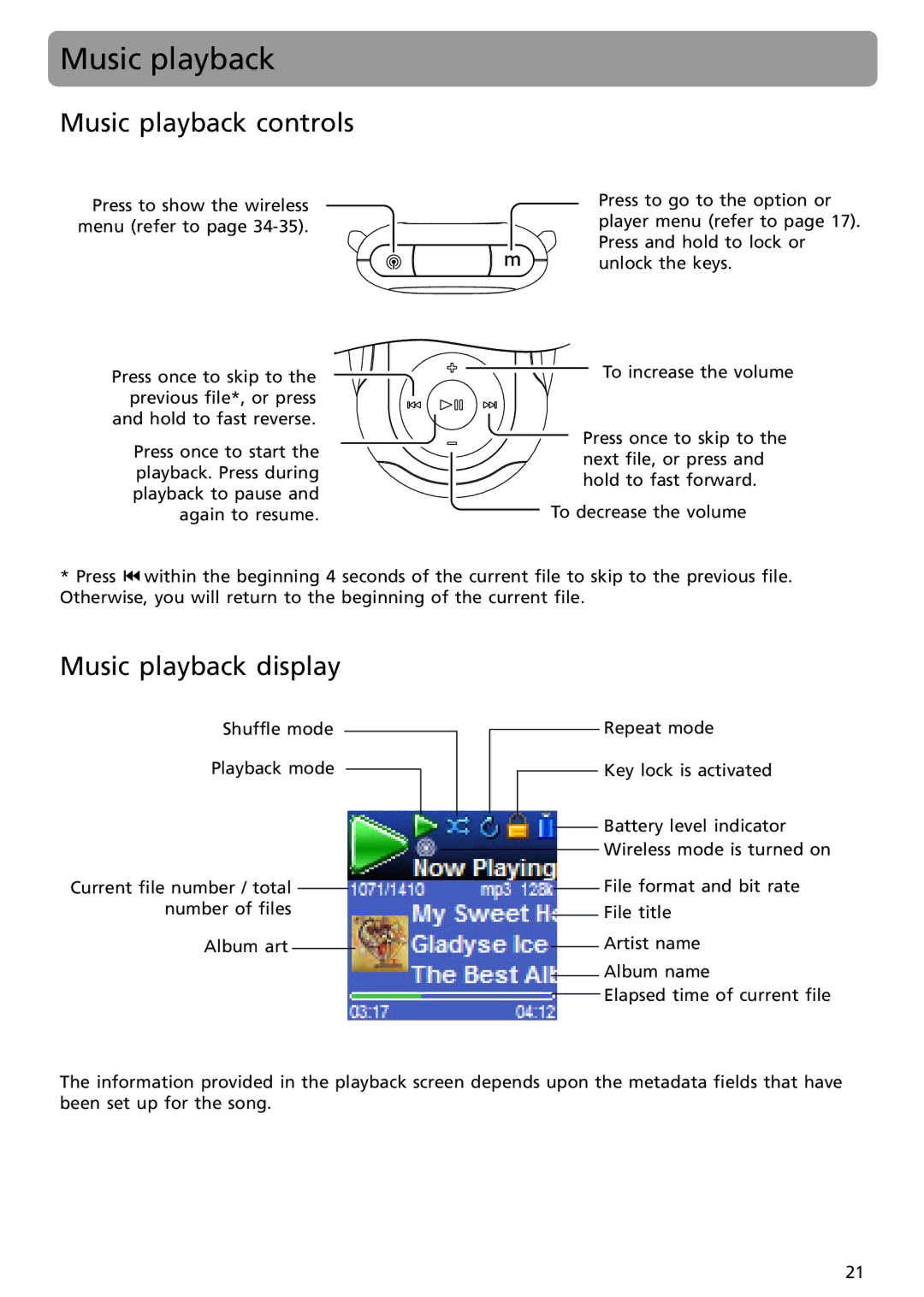 RCA S2501, S2502 user manual Music playback controls, Music playback display 