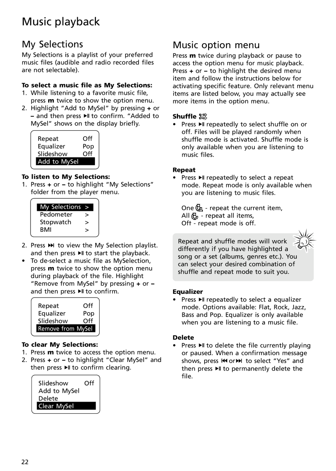 RCA S2502, S2501 user manual My Selections, Music option menu 