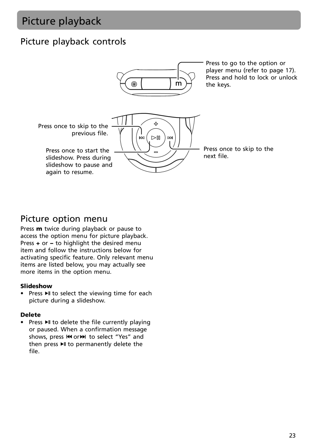 RCA S2501, S2502 user manual Picture playback controls, Picture option menu, Slideshow 