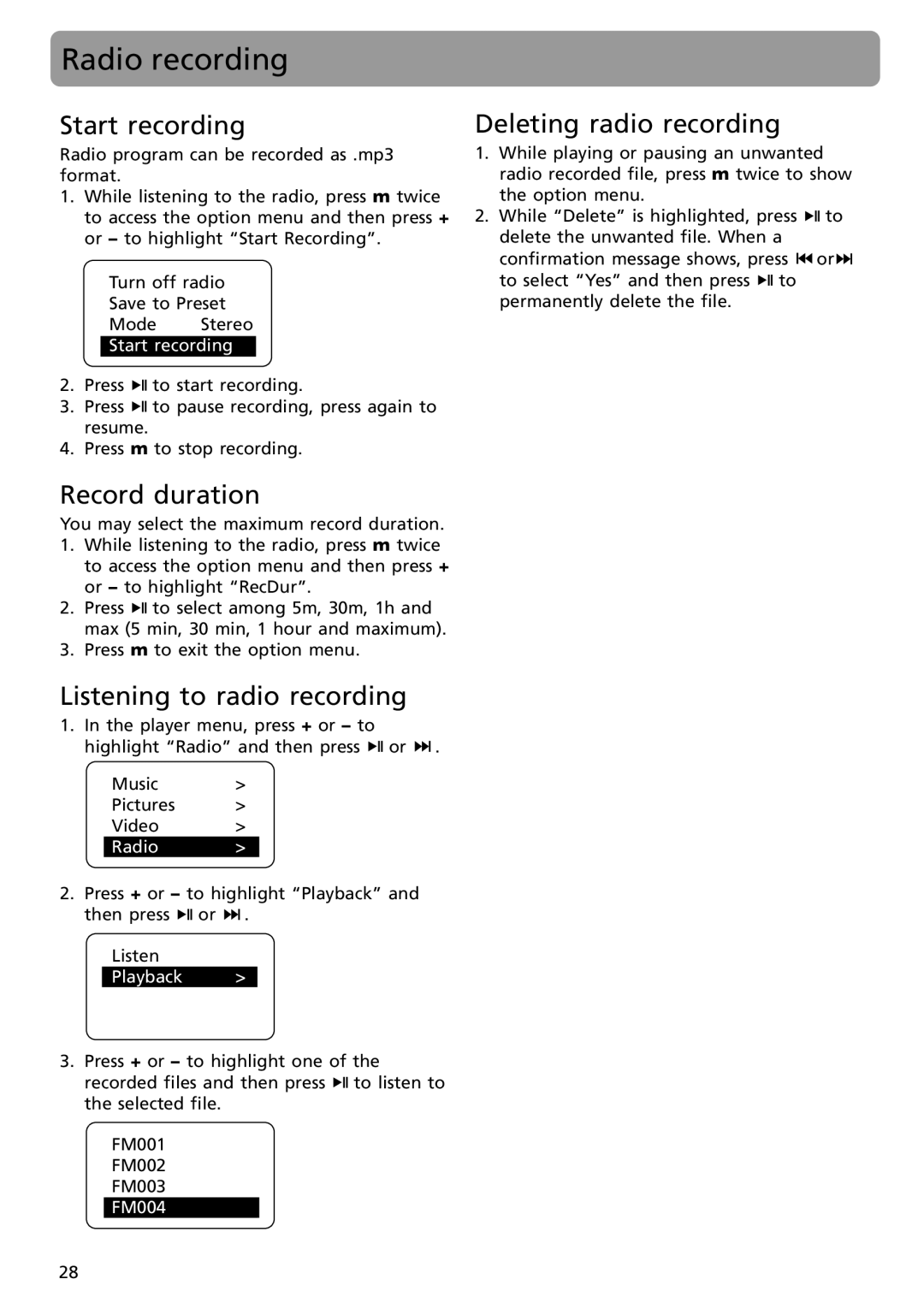 RCA S2502, S2501 Radio recording, Start recording, Record duration, Listening to radio recording, Deleting radio recording 