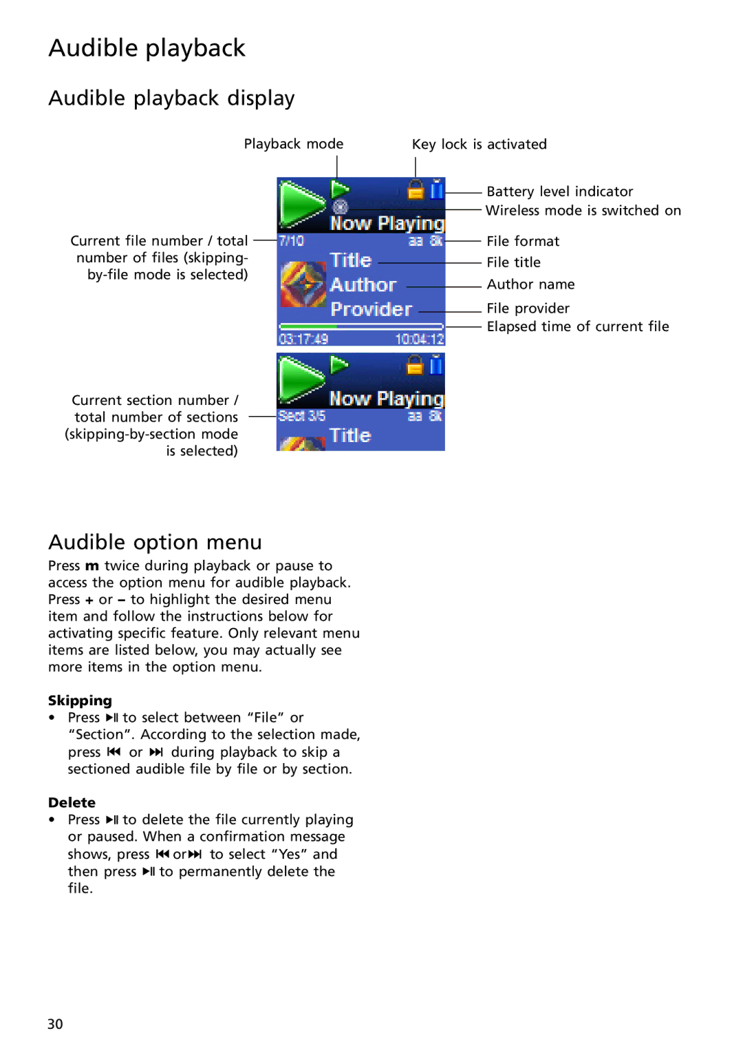 RCA S2502, S2501 user manual Audible playback display, Audible option menu, Skipping 