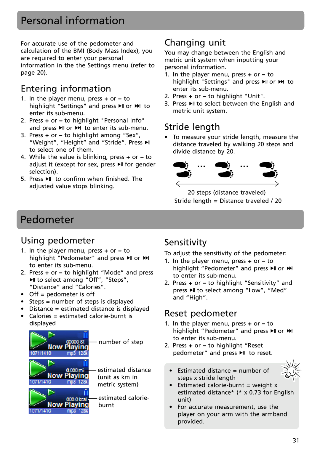 RCA S2501, S2502 user manual Personal information, Pedometer 