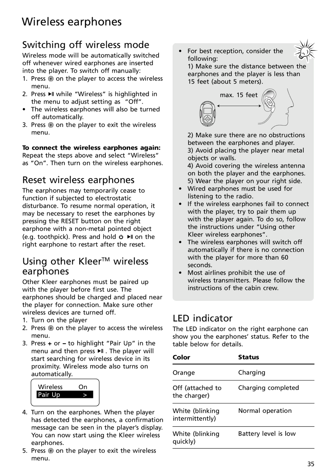 RCA S2501 Switching off wireless mode, Reset wireless earphones, Using other KleerTM wireless earphones, LED indicator 