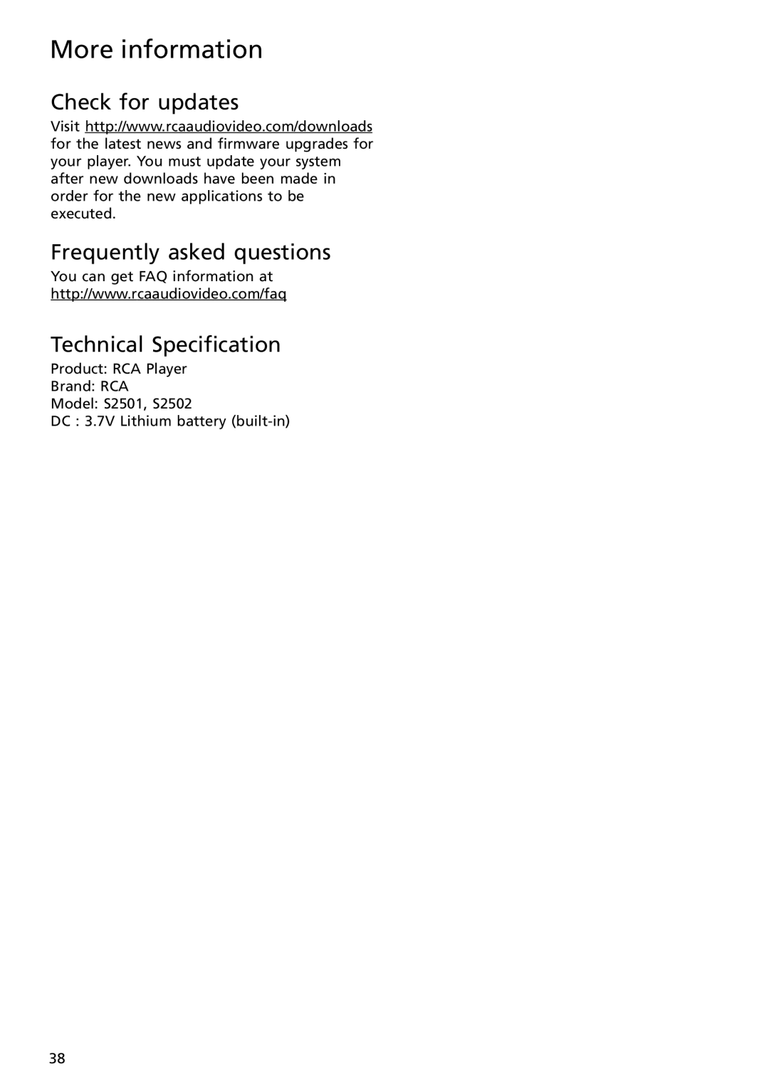 RCA S2502, S2501 user manual Check for updates Frequently asked questions, Technical Specification 