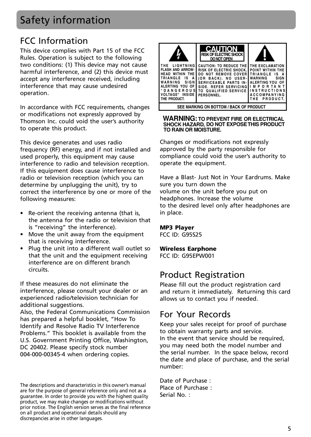 RCA S2501, S2502 user manual Safety information, FCC Information, Product Registration, For Your Records 