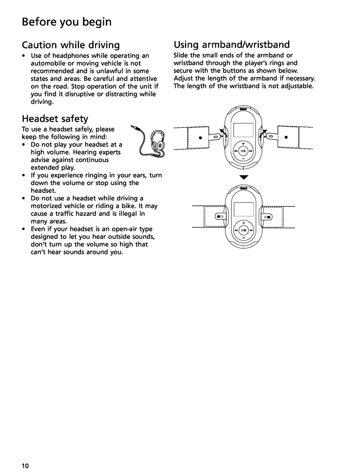 RCA S2502, S2501 user manual Caution while driving, Headset safety, Using armband/wristband, Before you begin 