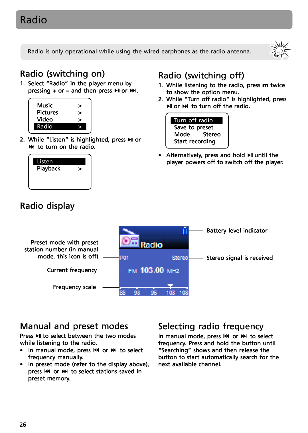 RCA S2502 Radio switching on, Radio switching off, Radio display, Manual and preset modes, Selecting radio frequency 