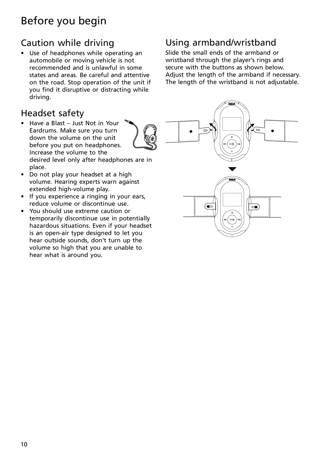 RCA S2502 user manual Headset safety, Using armband/wristband 