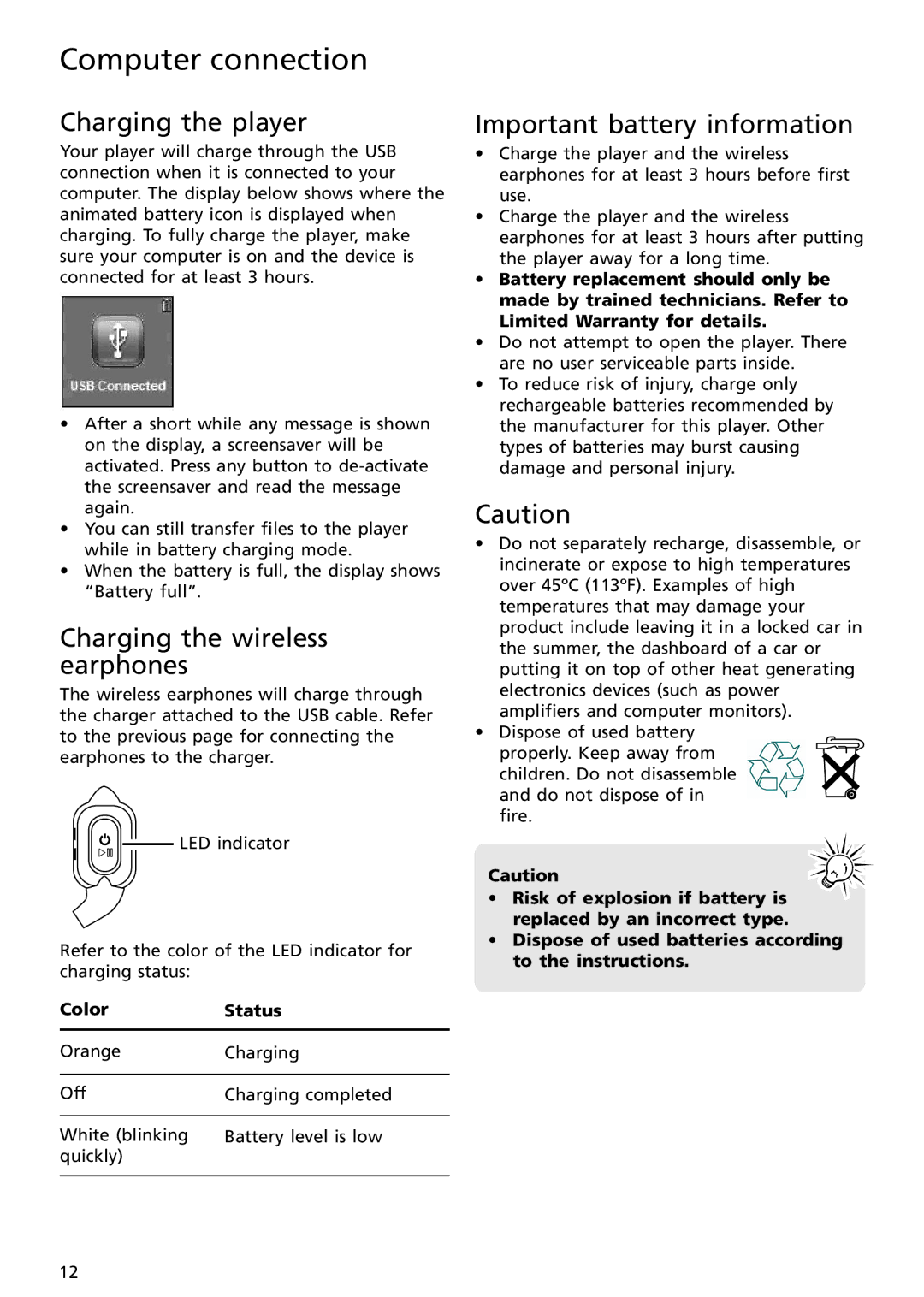 RCA S2502 user manual Charging the player, Charging the wireless earphones, Important battery information, Color Status 