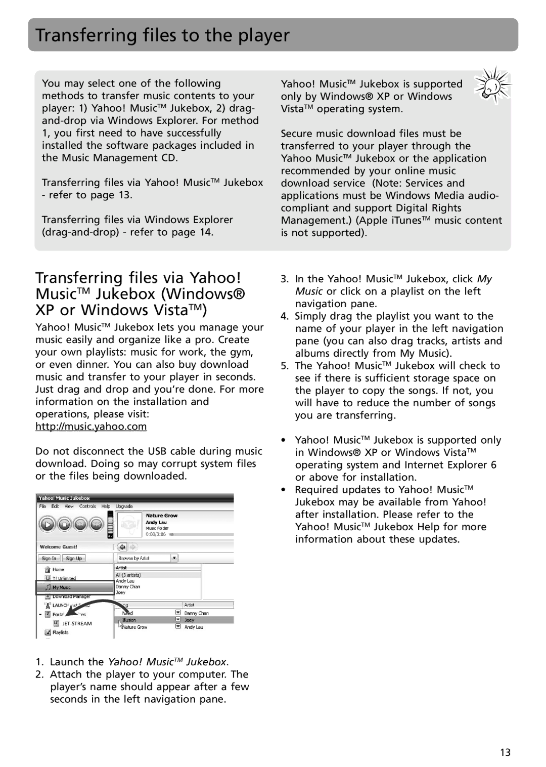 RCA S2502 user manual Transferring files to the player, Launch the Yahoo! MusicTM Jukebox 